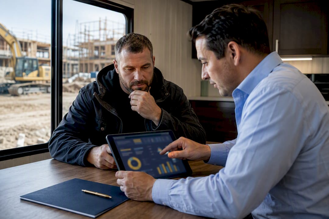 Contractor reviewing payment activity with advisor
