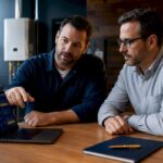 Service owner reviewing pricing email with advisor