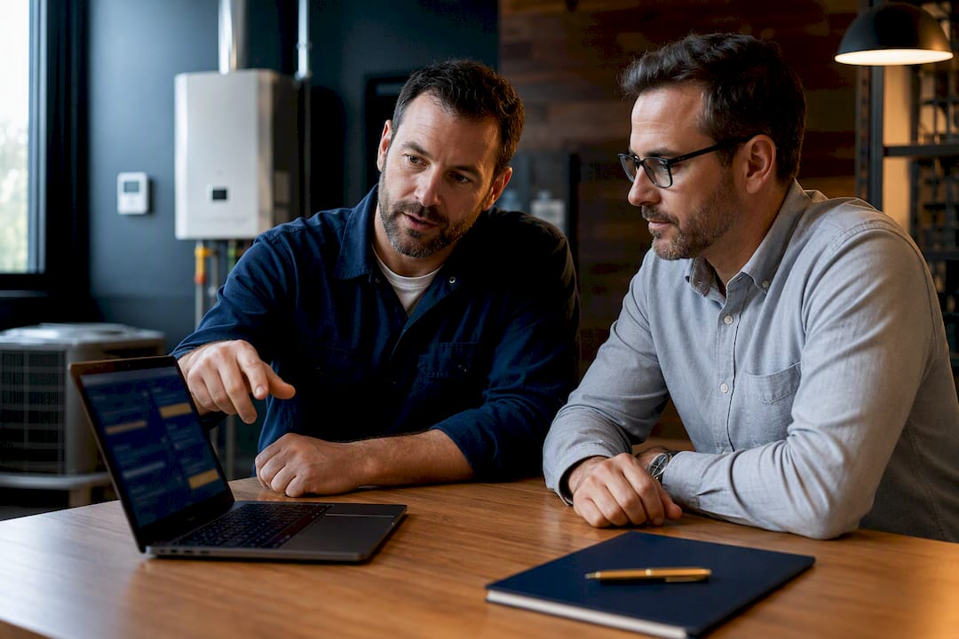 Service owner reviewing pricing email with advisor