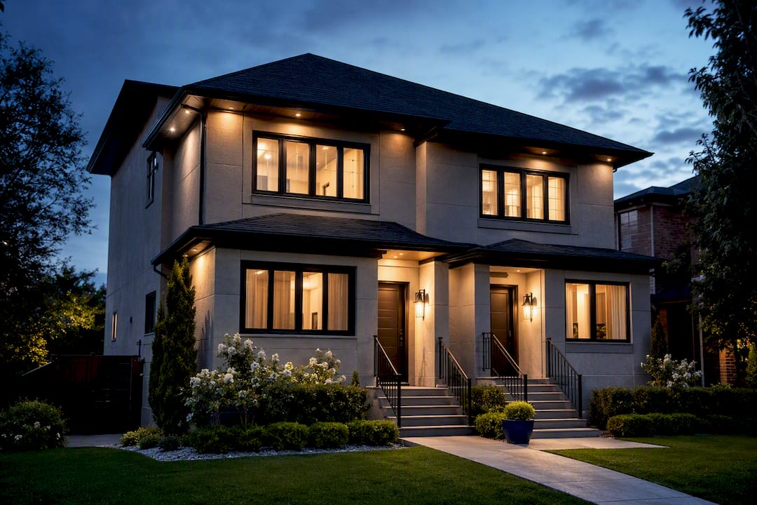 Rental property exterior at dusk