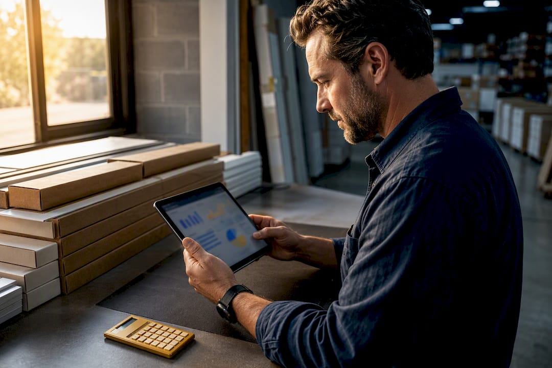 Contractor reviewing cash flow beside materials