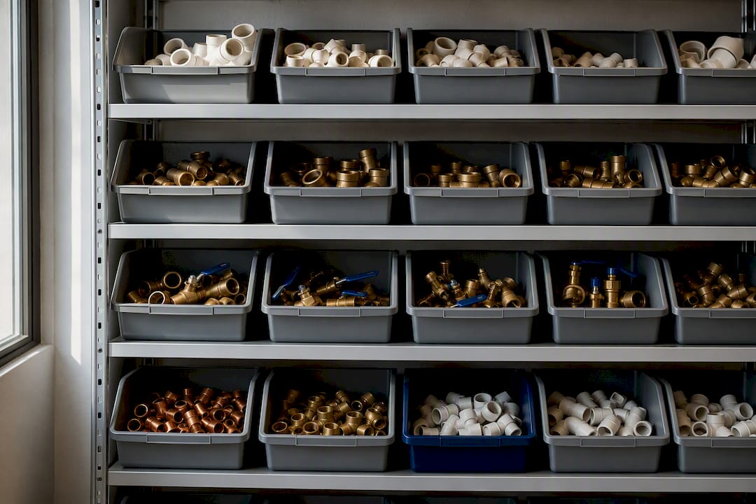 Standardized plumbing fittings in organized bins