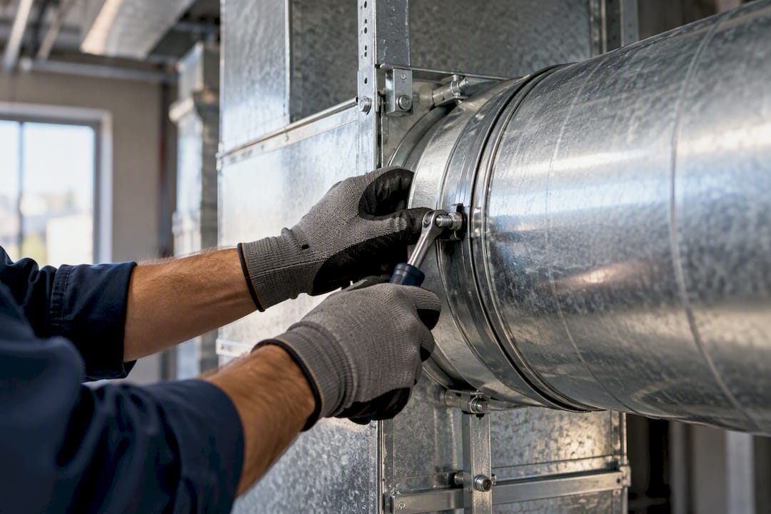 Contractor securing HVAC installation connection